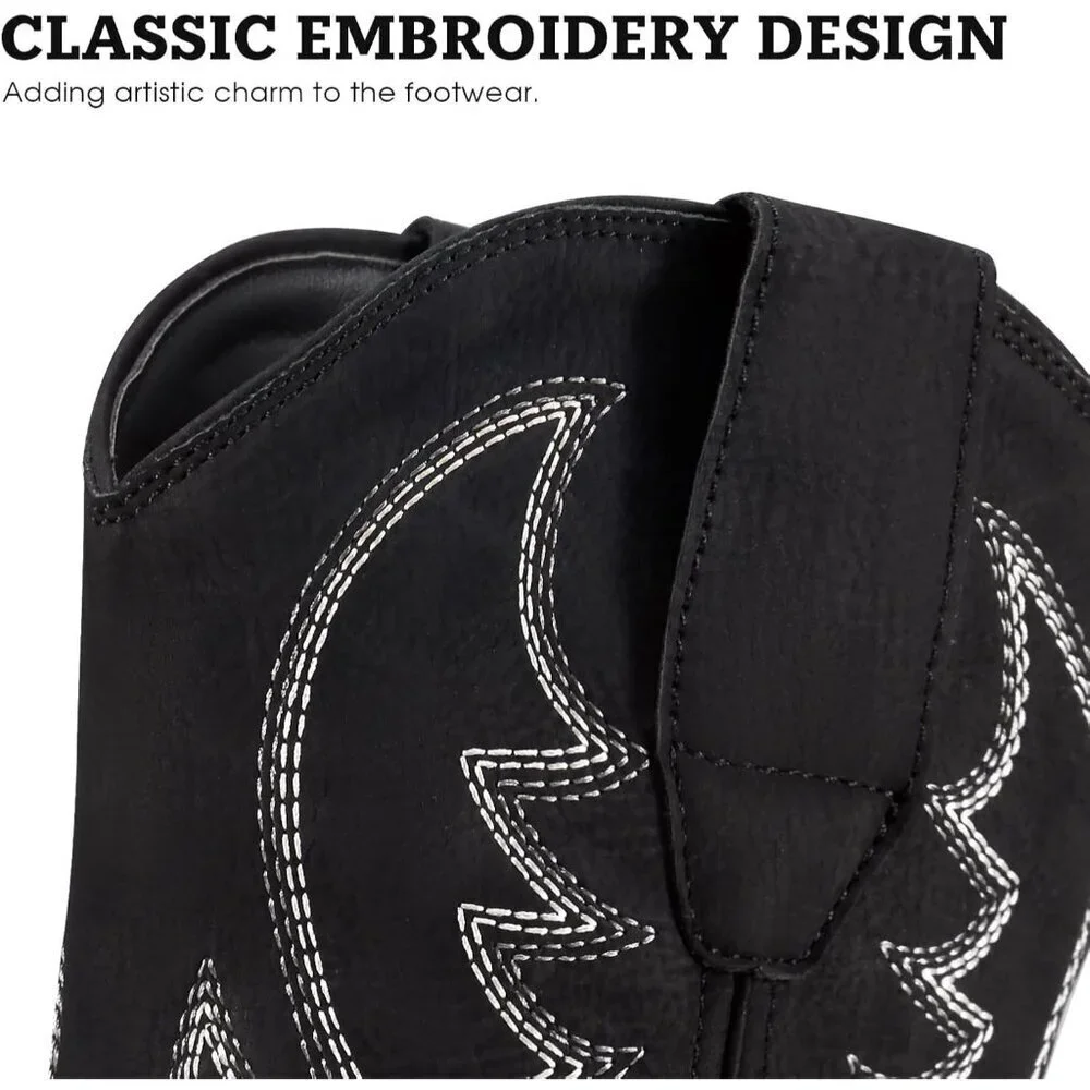 Men's Black Square Toe Chunky Heel Mid-calf Classic Embroidered Pull On Boots